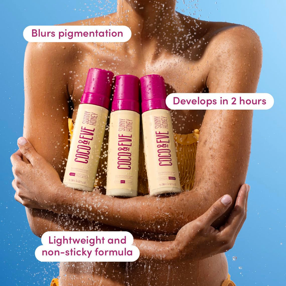 Coco & Eve Sunny Honey Bali mousse on the face for a gentle, even dusk tint.