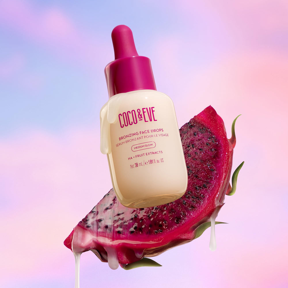 Coco & Eve Sunny Honey packaging detail highlights sleek, travel-friendly 1 fl oz bottle.