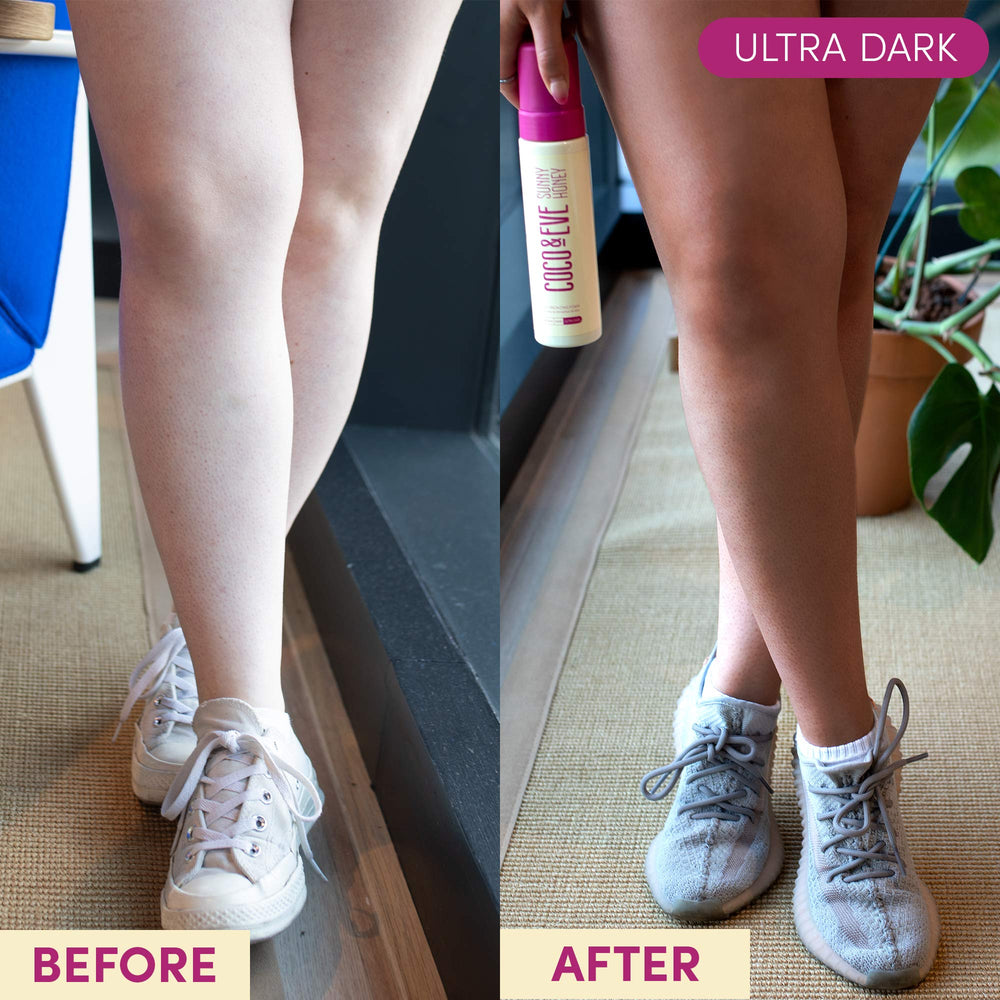 Coco & Eve Sunny Honey Tan developing process shows gradual glow over time.