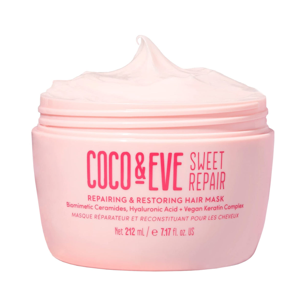 Coco & Eve Sweet Repair bottle pour showing quick at-home treatment for smoother hair
