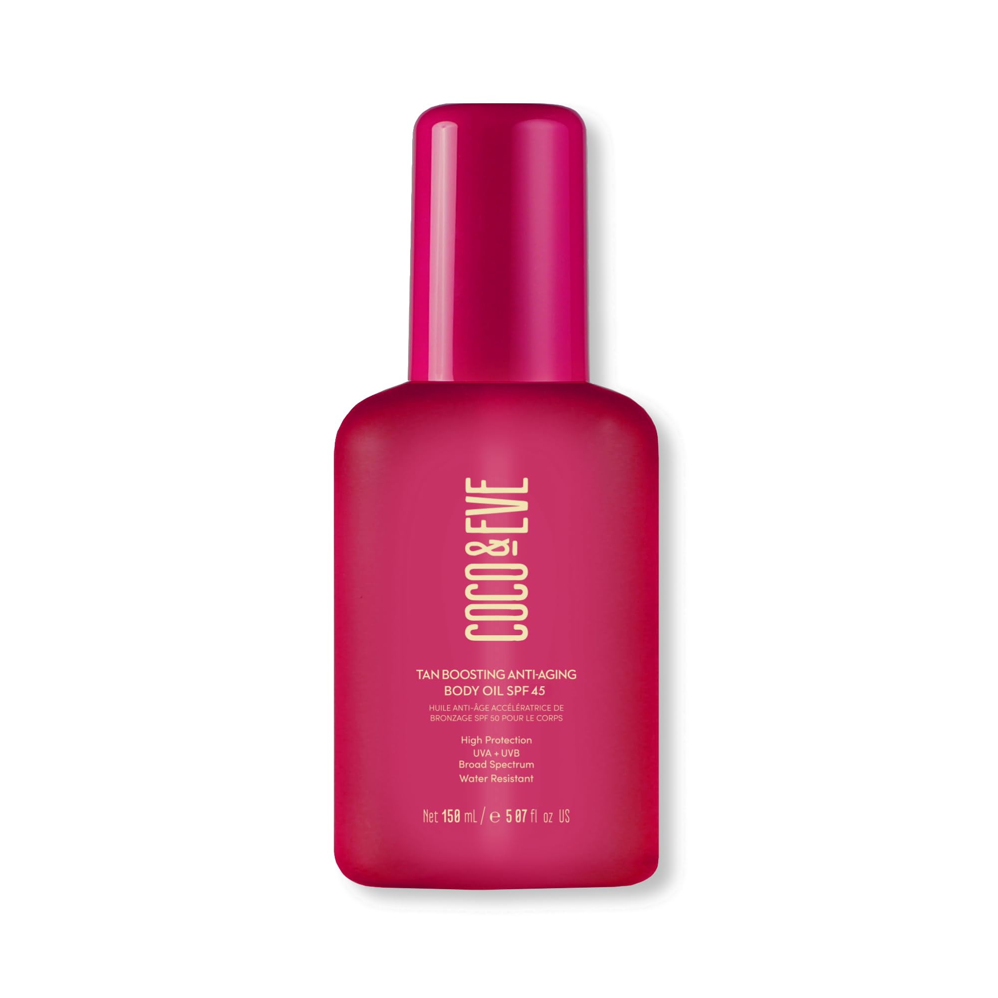 Coco & Eve Tan Boosting SPF45 oil pump for quick, even tanning and protection.