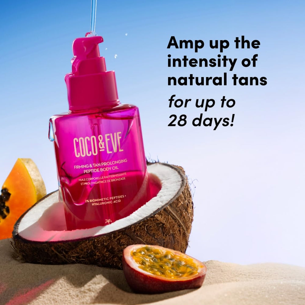 Coco & Eve tan prolonging peptide oil after sun application delivering hydrated glow