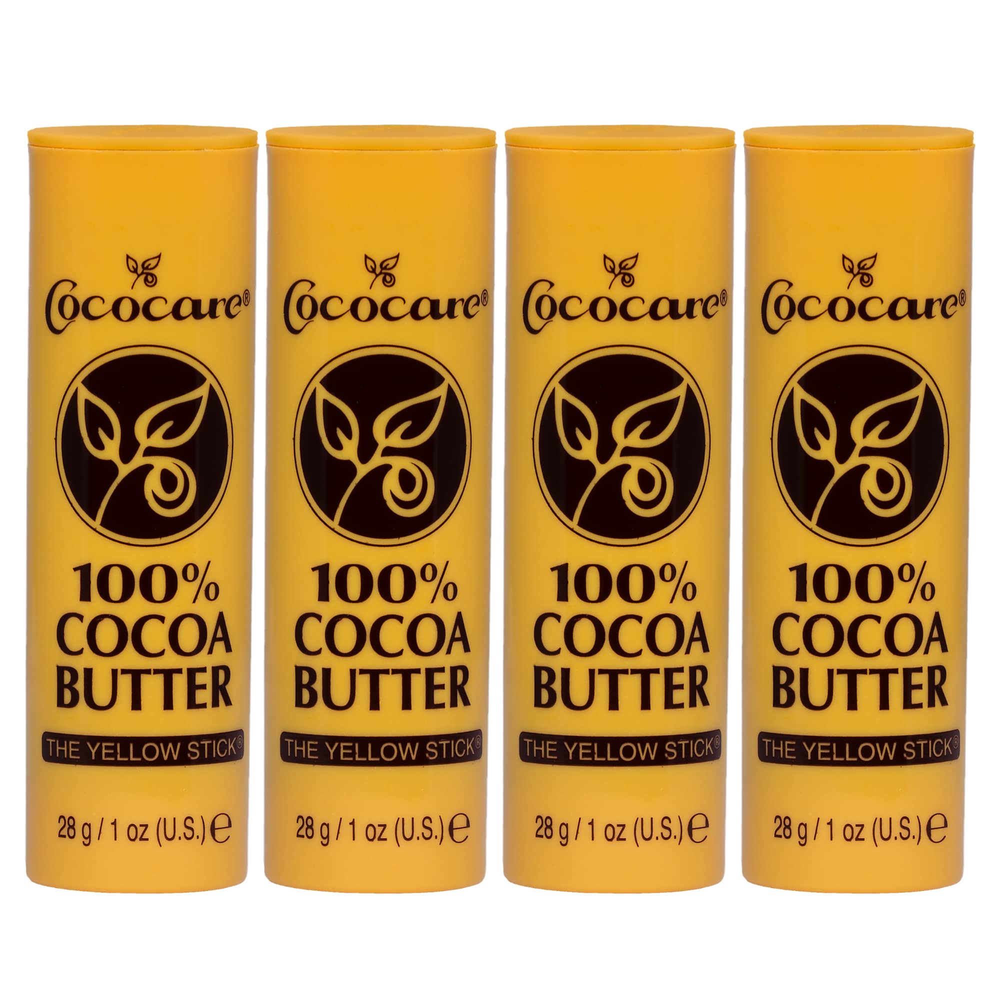 COCOCARE cocoa butter stick four-pack on white background delivers deep hydration and soft skin.