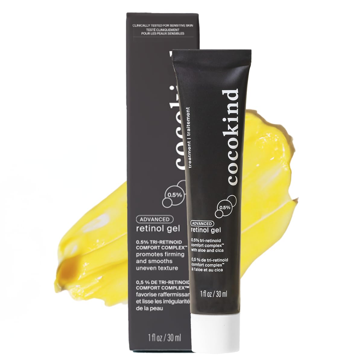 Cocokind Advanced Retinol Gel 0.5% bottle close-up highlights silky texture for sensitive skin.
