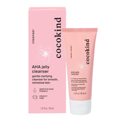 Cocokind AHA Jelly Cleanser pump-dispense close-up suggests gentle exfoliation for smoother pores