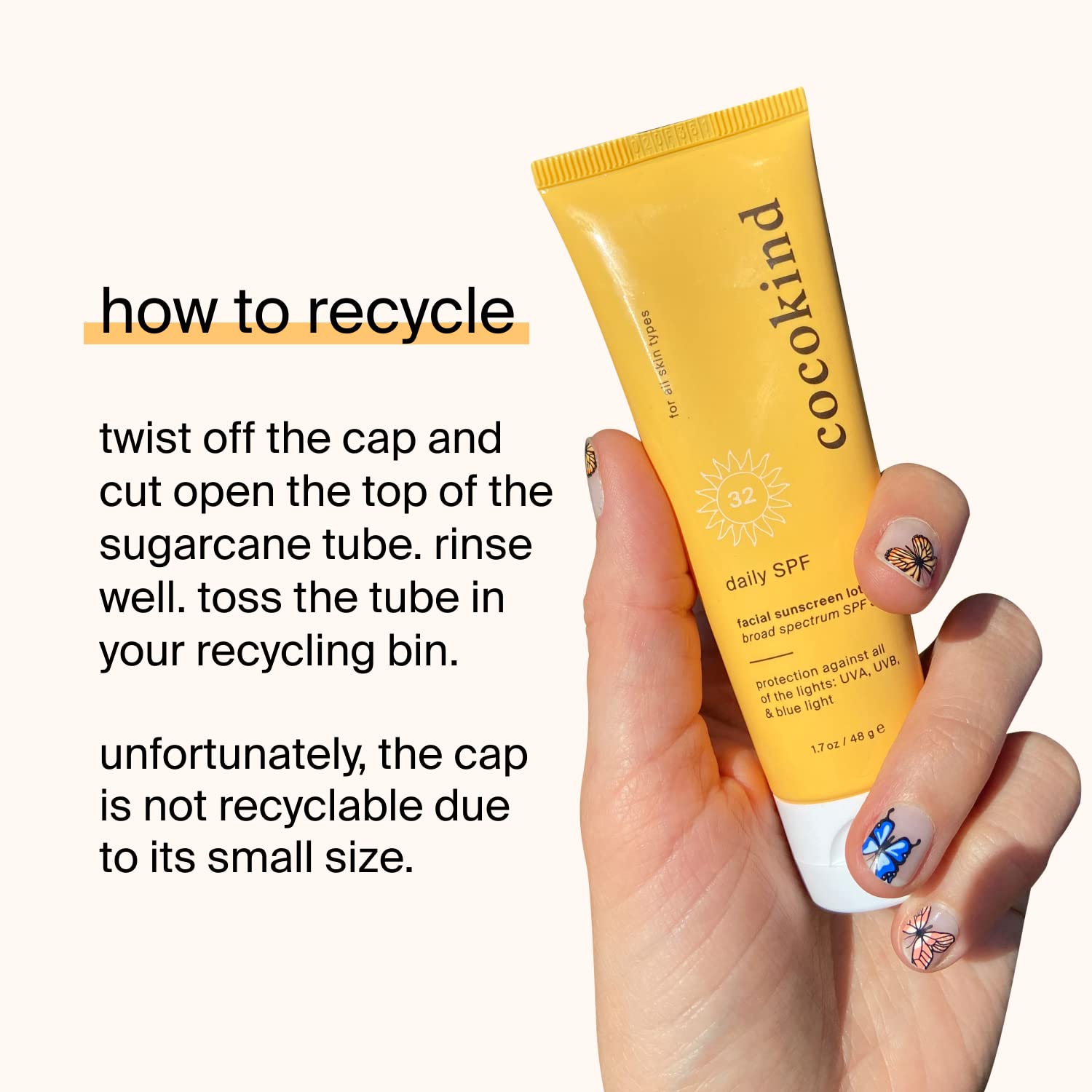 Cocokind Daily SPF packaging photo emphasizes recyclable, earth-friendly packaging and brand ethics.