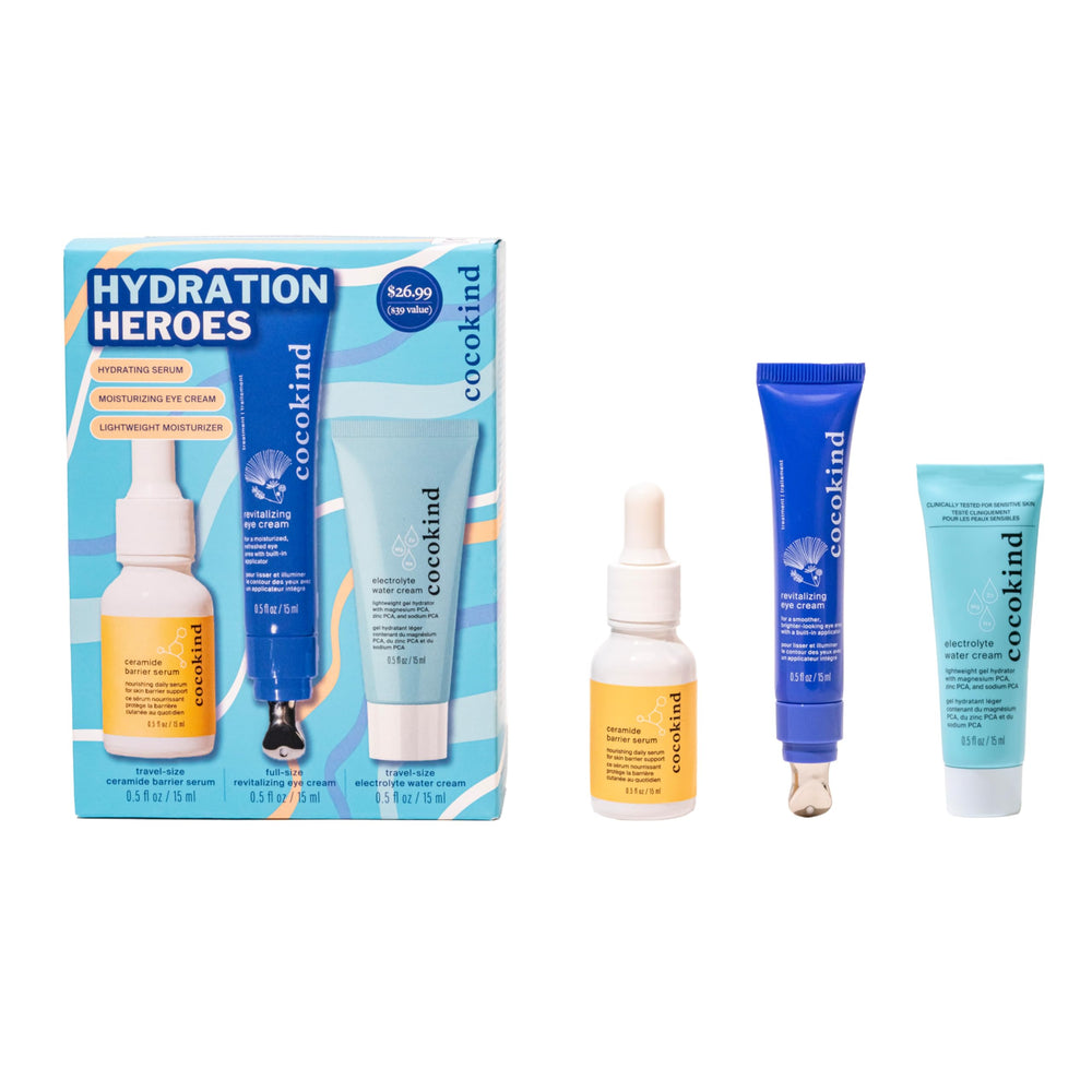 Cocokind Hydration Heros Set serum bottle showcased for deep hydration and barrier support.