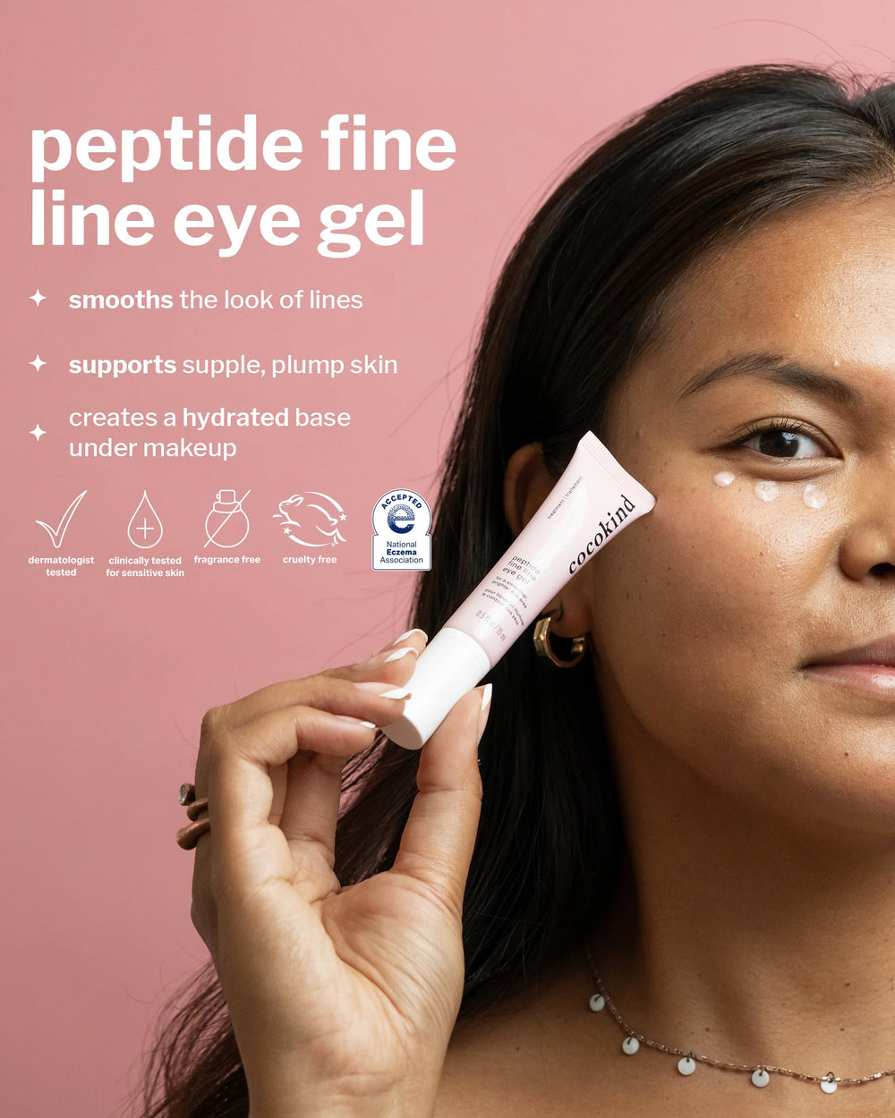 Cocokind Peptide Eye Gel being applied under-eye for smoother skin.