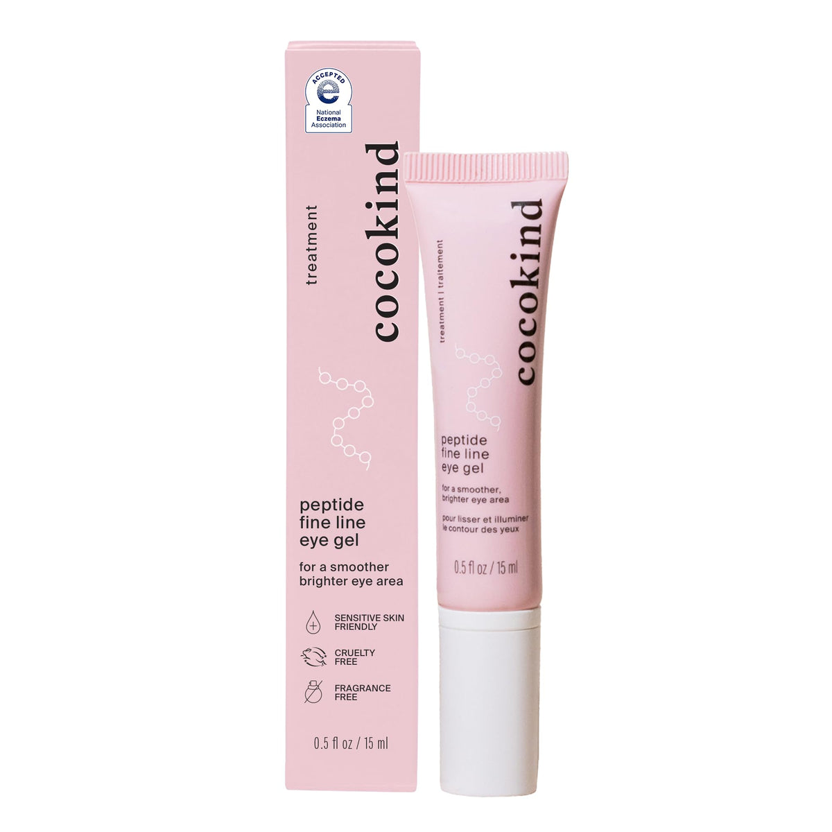 Cocokind Peptide Eye Gel tube close-up for lightweight hydration.