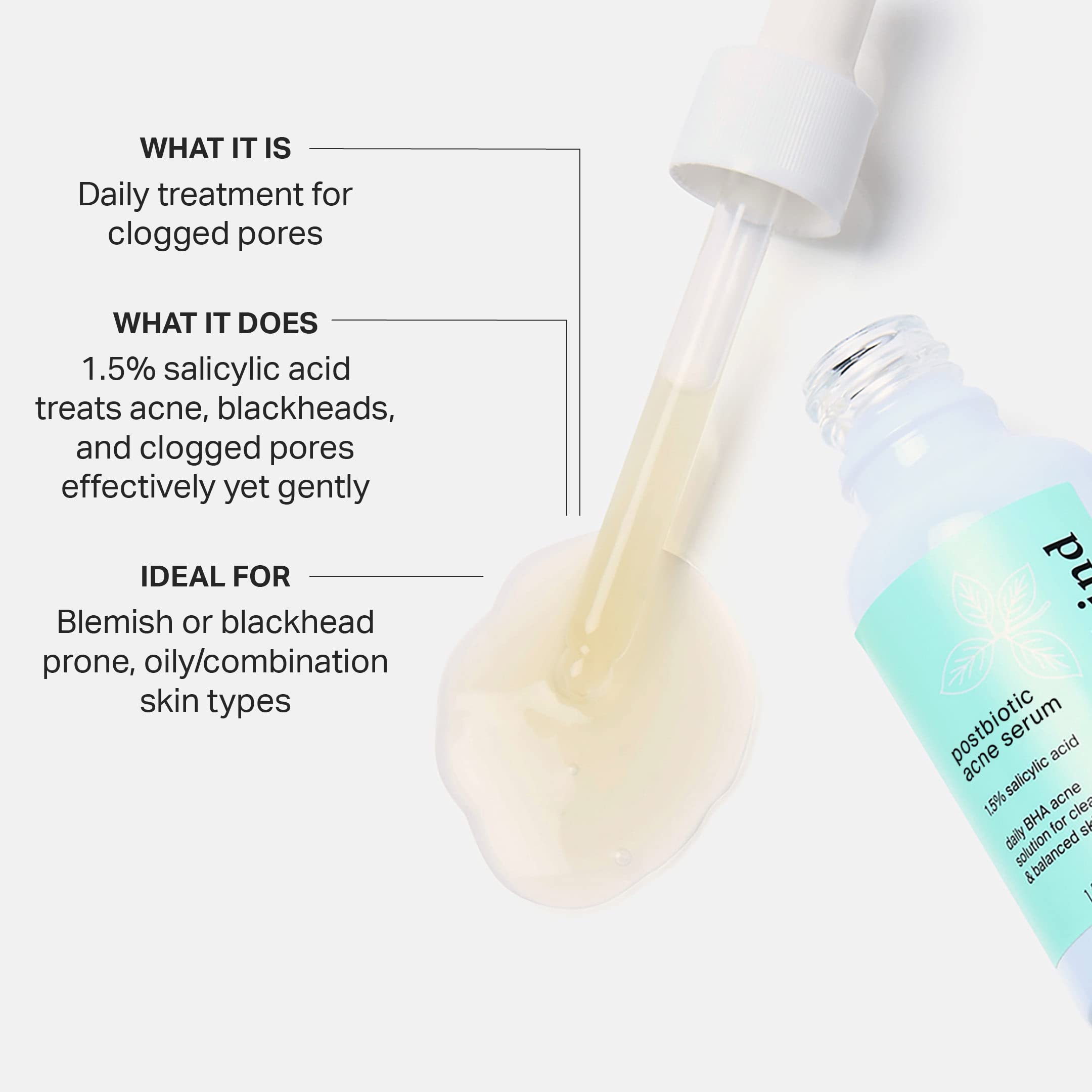 Cocokind Postbiotic Acne Serum dropper close-up highlighting salicylic acid exfoliation.