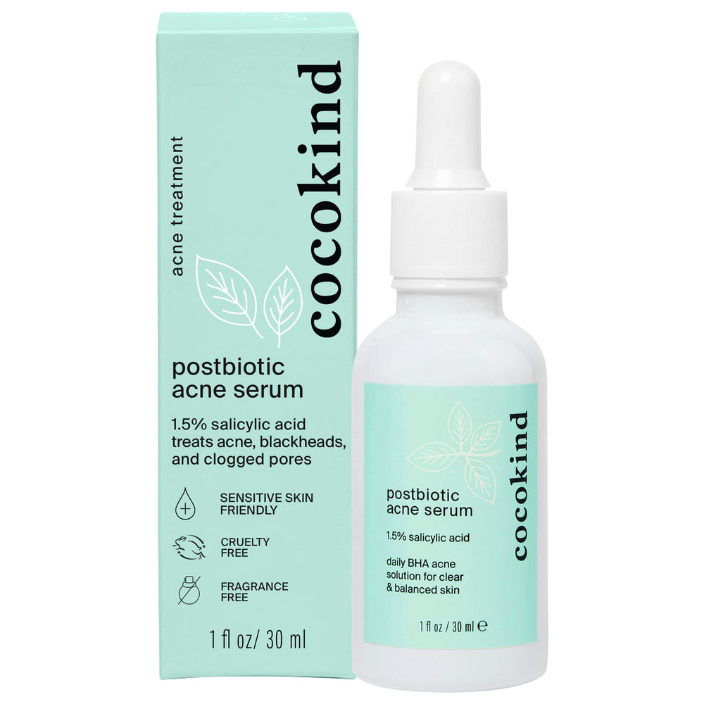 Cocokind Postbiotic Acne Serum bottle front for gentle exfoliation and hydration.