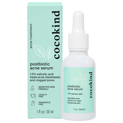 Cocokind Postbiotic Acne Serum bottle front for gentle exfoliation and hydration.
