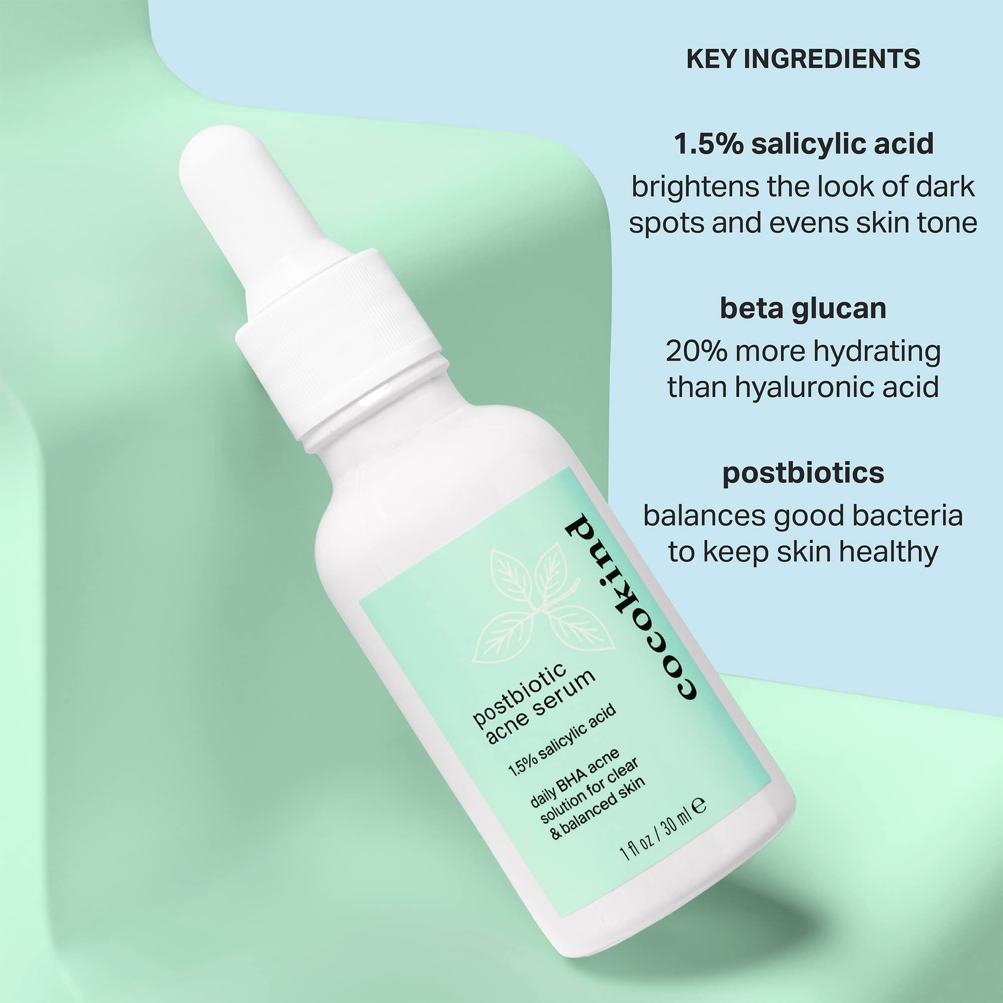 Cocokind Postbiotic Acne Serum texture shot showing hydrating Beta Glucan support.