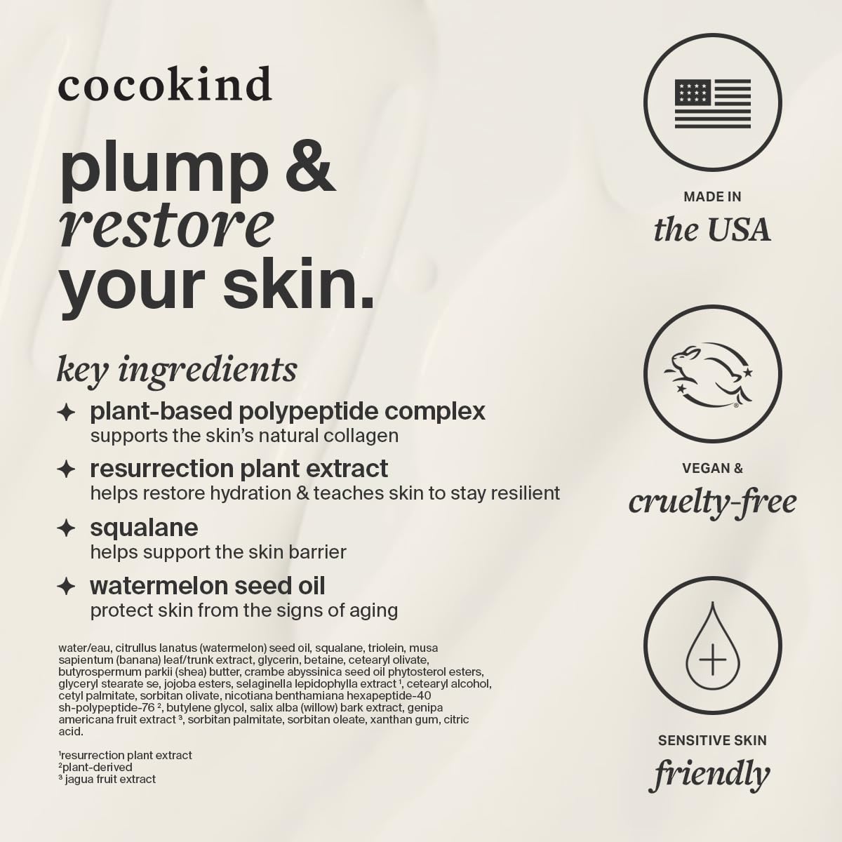 Cocokind Resurrection Polypeptide Cream icon emphasizes vegan, fragrance-free care.