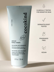 Cocokind Retinol Body Cream jar highlighting 8 oz size for home use.