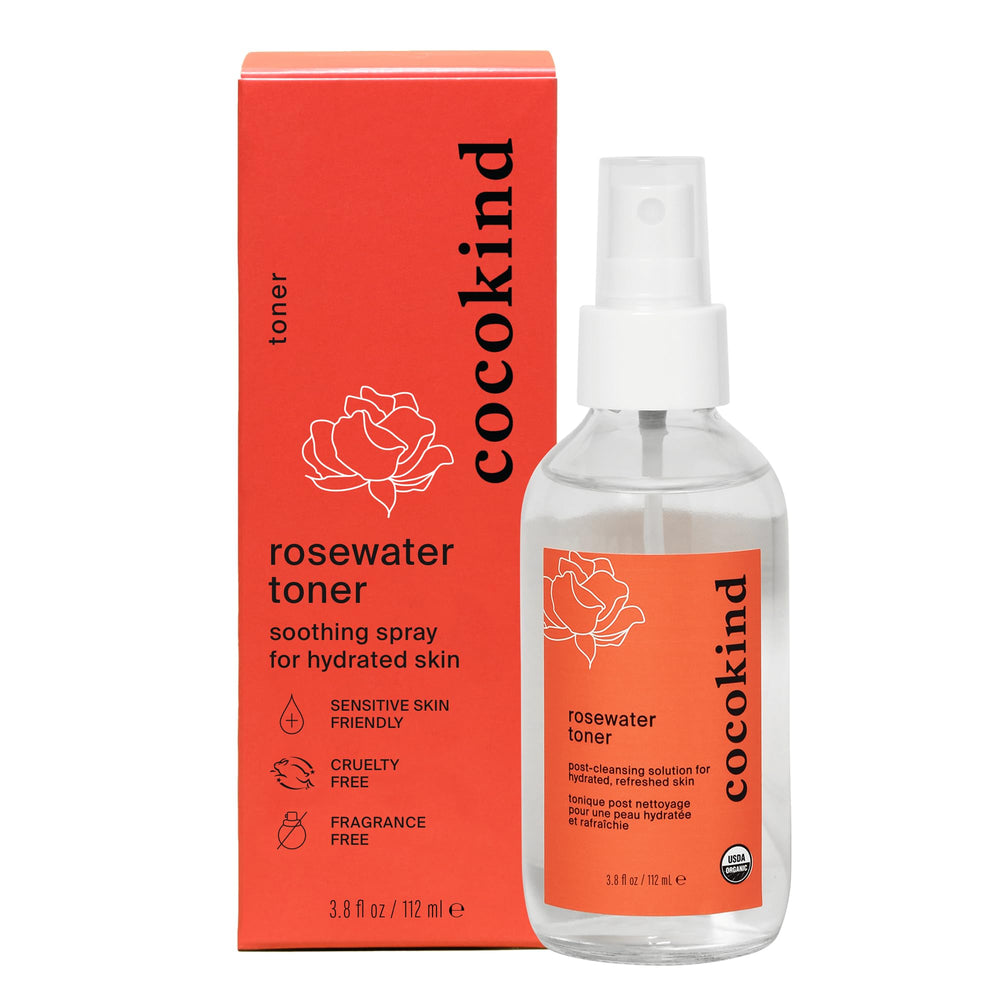 Cocokind Rosewater Toner bottle shows rose hydrosol for gentle hydration and pH balance