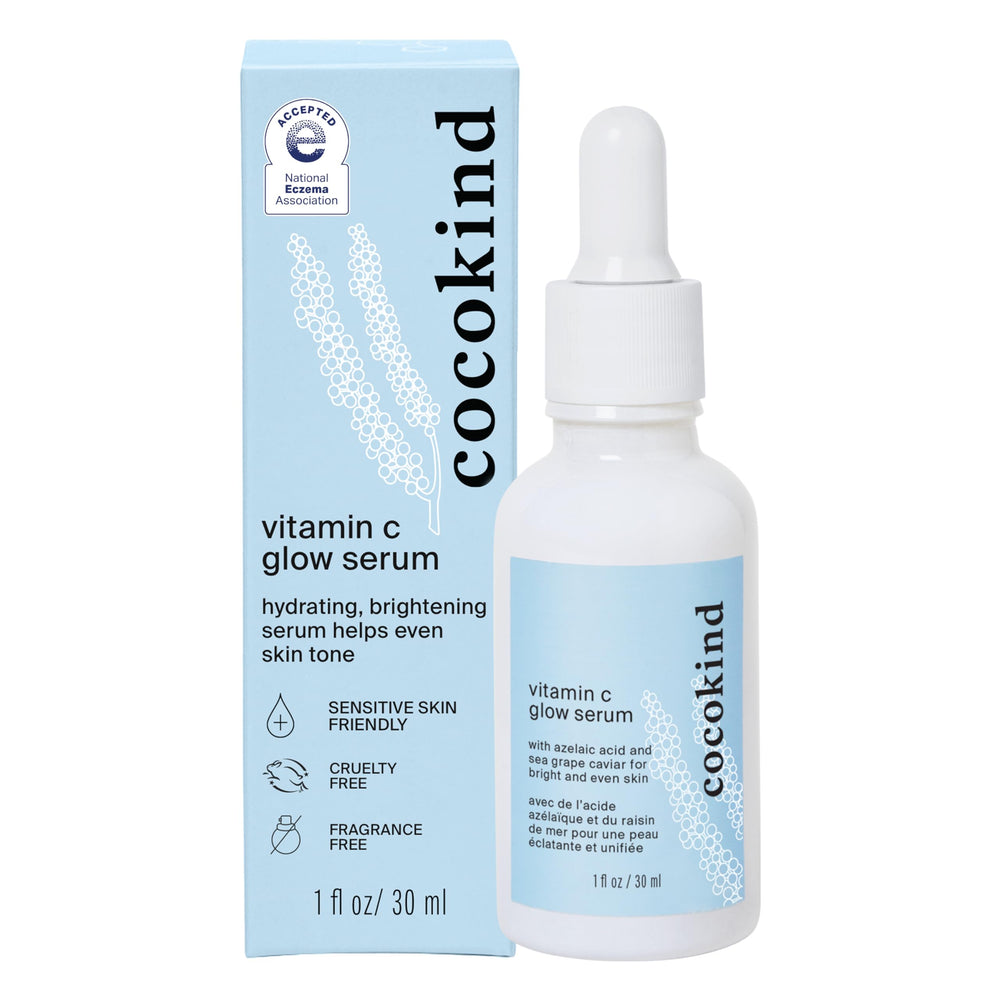 Cocokind Vitamin C Glow Serum bottle showing hydrating glow for a brighter, healthier-looking skin.