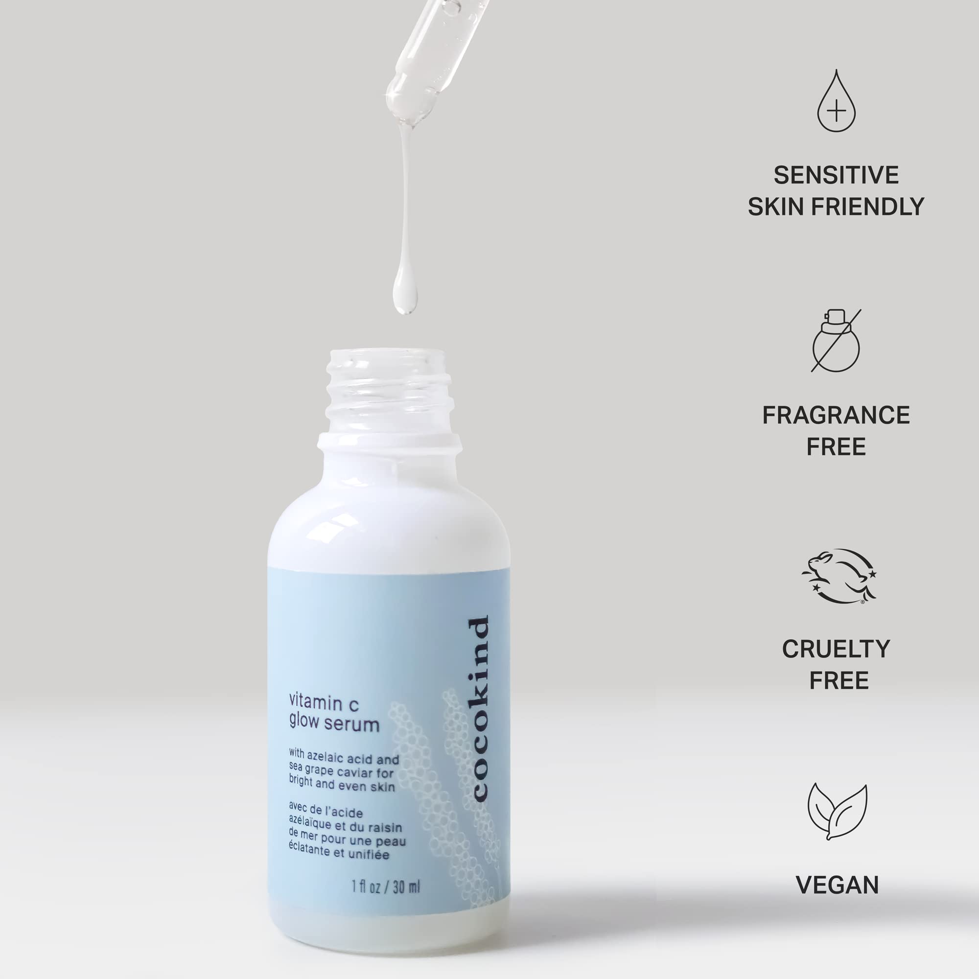 Cocokind Vitamin C Glow Serum drops demonstrates easy, everyday brightening use.