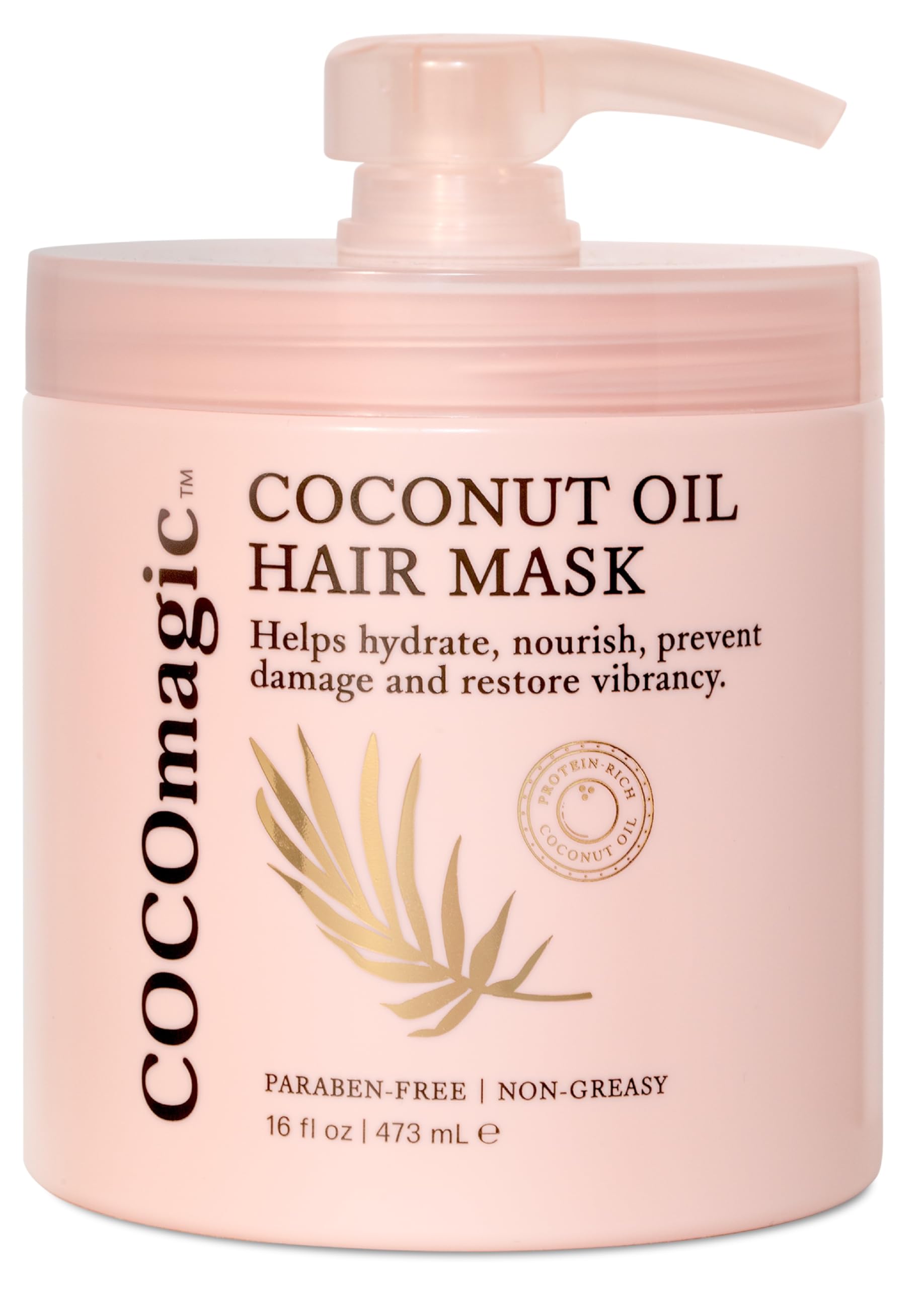 Cocomagic Coconut Oil Hair Mask bottle shows protein-rich formula for shine and repair.
