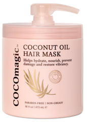 Cocomagic Coconut Oil Hair Mask bottle shows protein-rich formula for shine and repair.