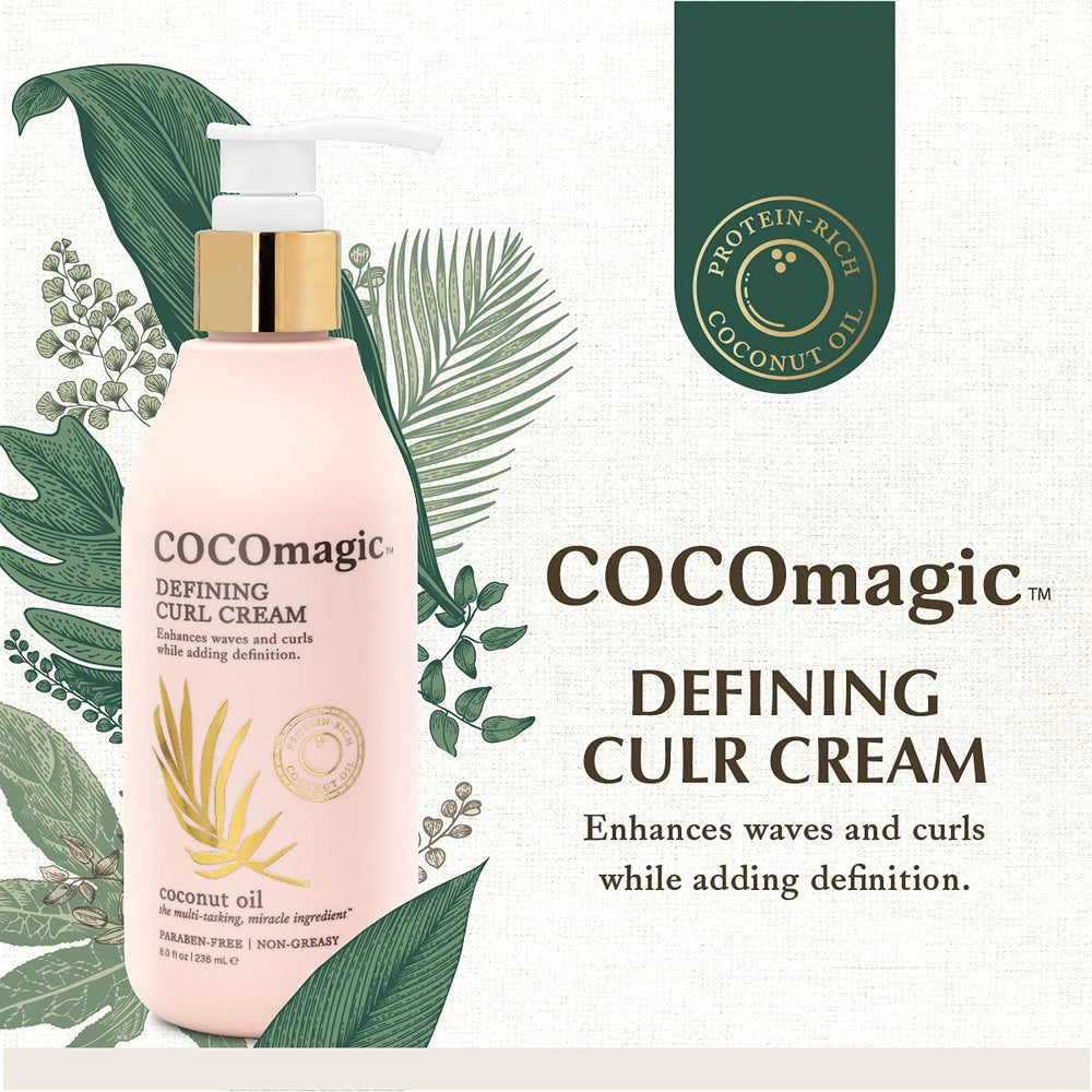 Cocomagic Defining Curl Cream application hand highlights detangling and curl definition.