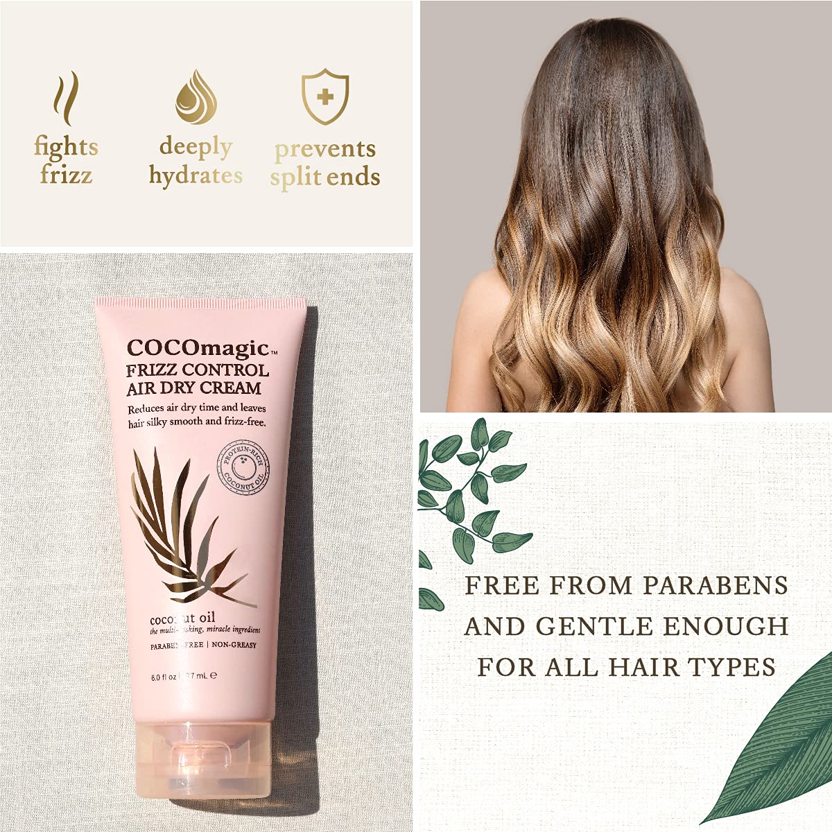Cocomagic Frizz Control Air Dry Cream applied to hair for faster drying