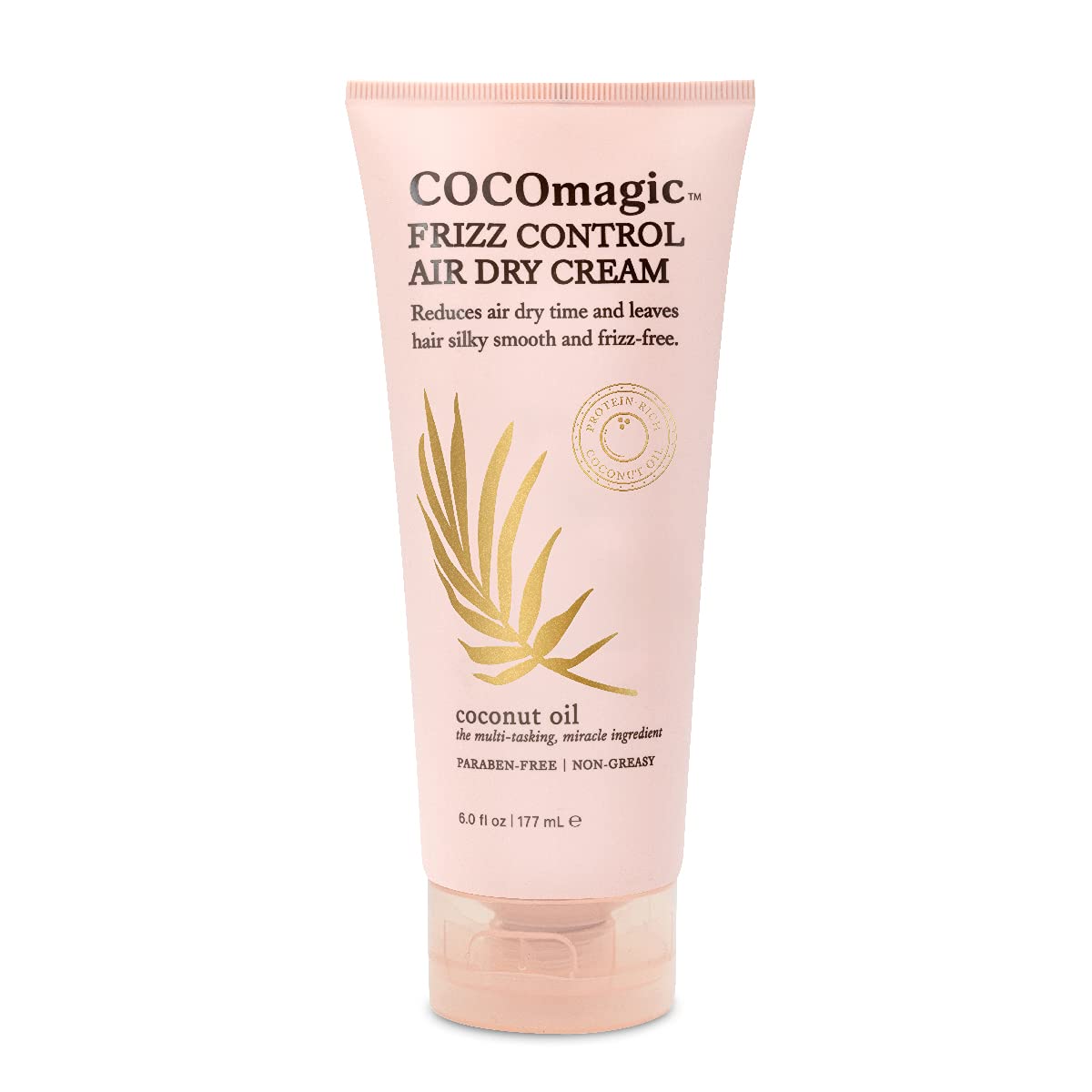 Cocomagic Frizz Control Air Dry Cream packaging closeup emphasizes cruelty-free cues
