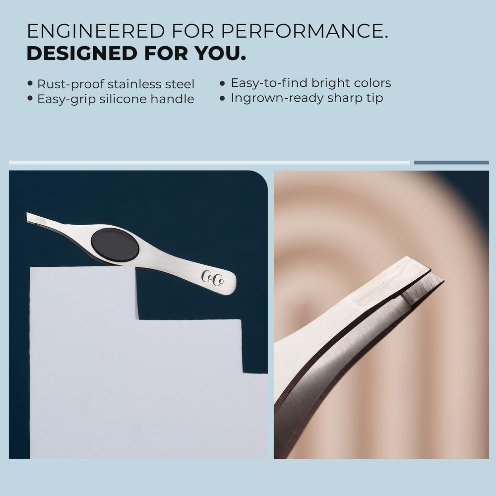 Coco's Closet tweezers with protective tip covers for safe storage