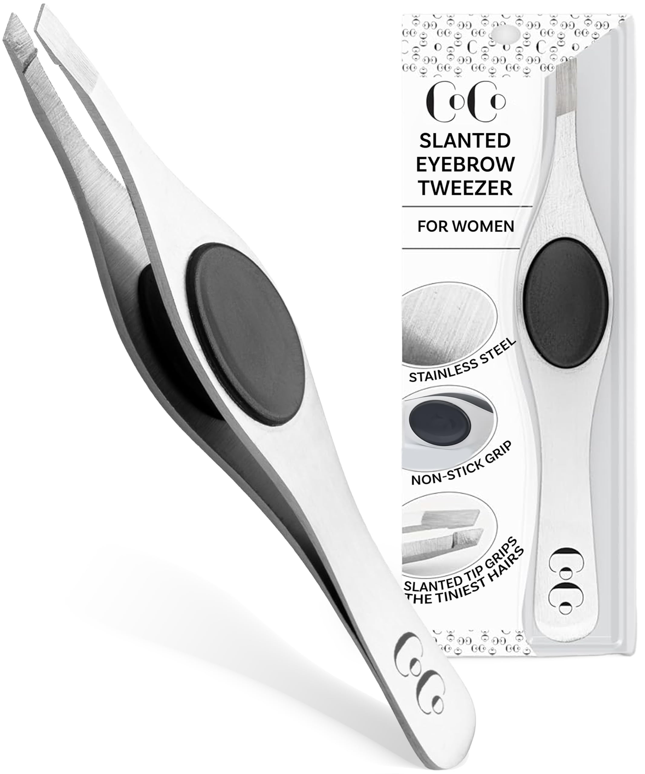 Coco's Closet tweezers with slant tip for precise eyebrow shaping and hair removal