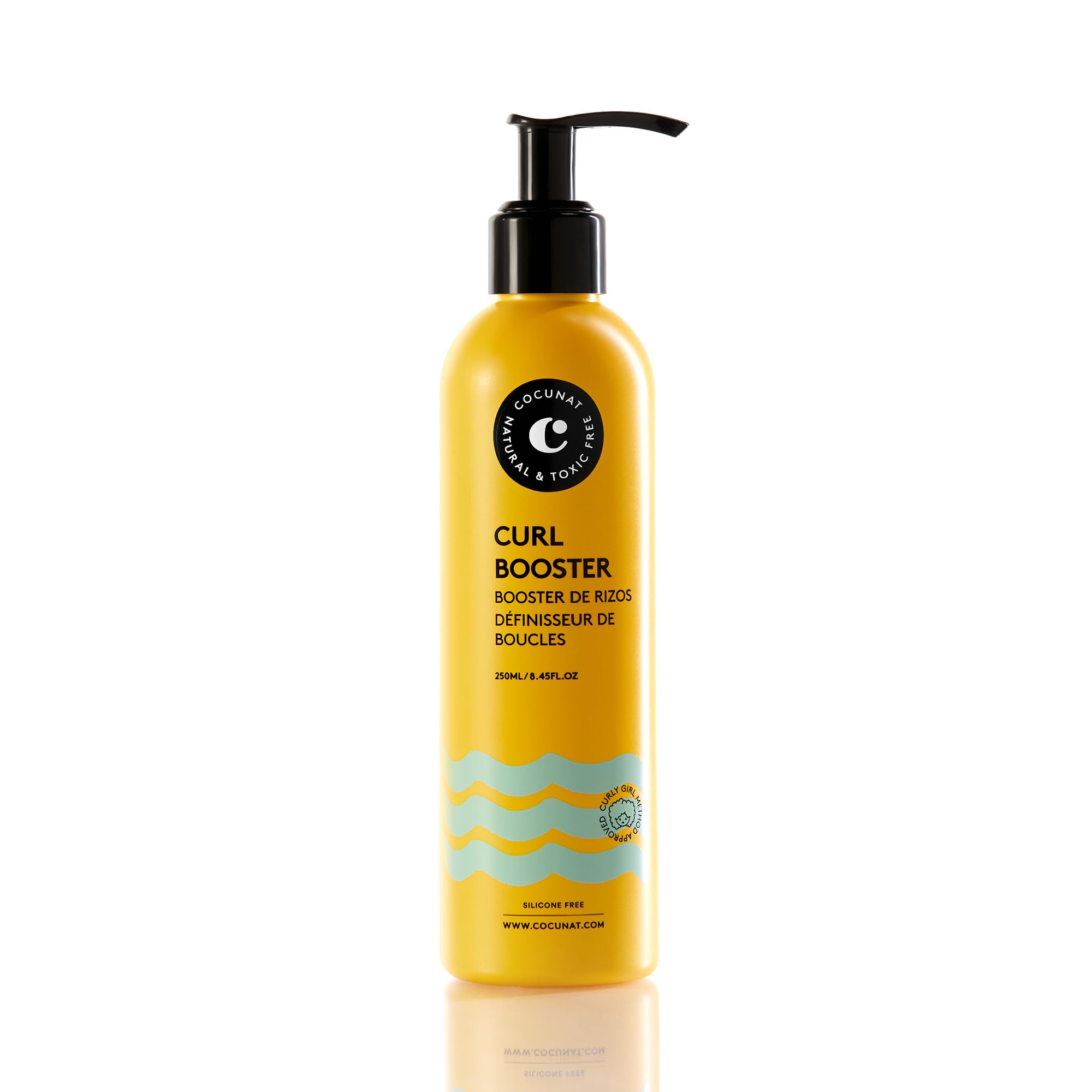 COCUNAT Curl Booster Gel bottle with defined curls demonstration and frizz control