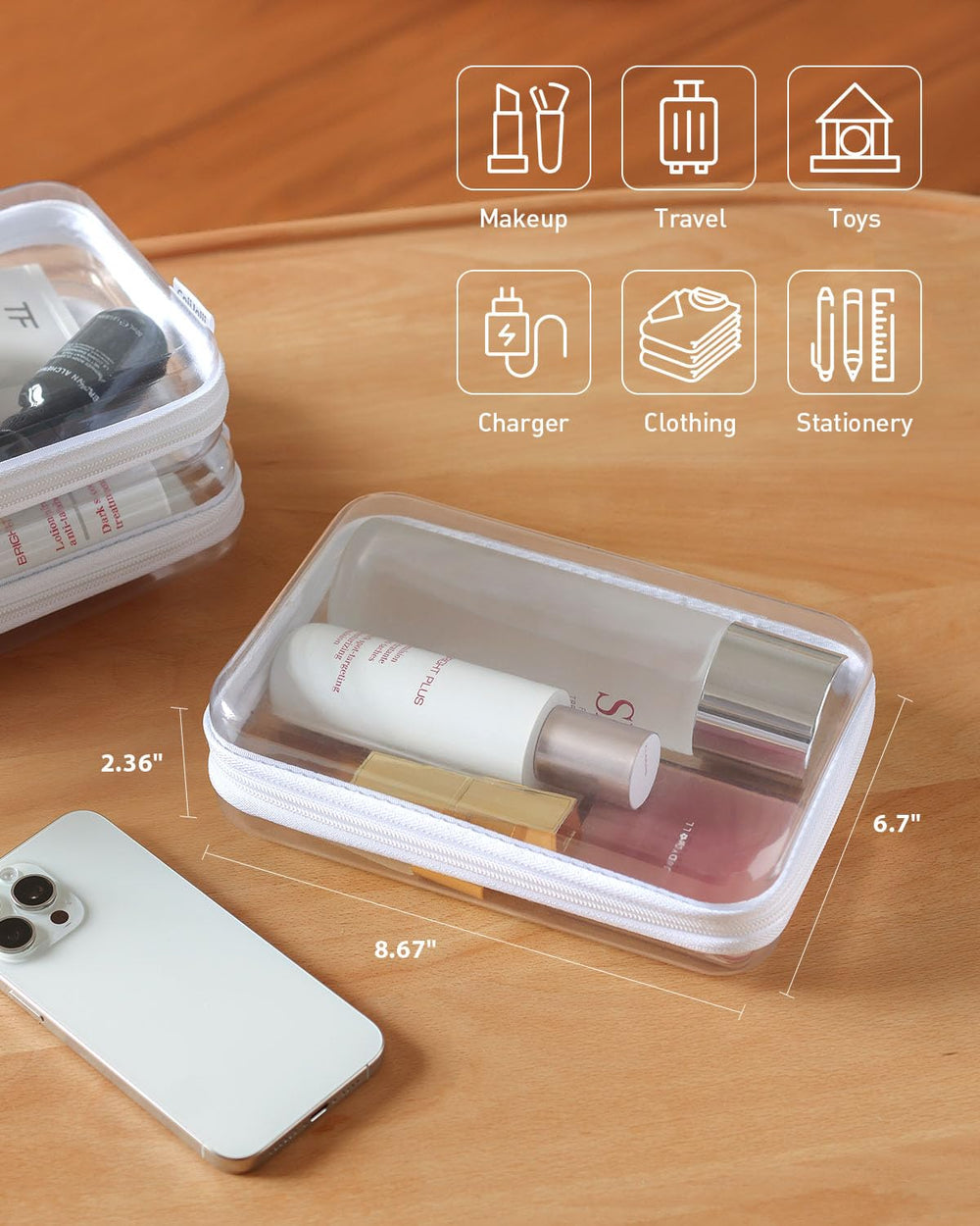 CoiiJoii 3PCS clear zipper case open with double zipper for easy access