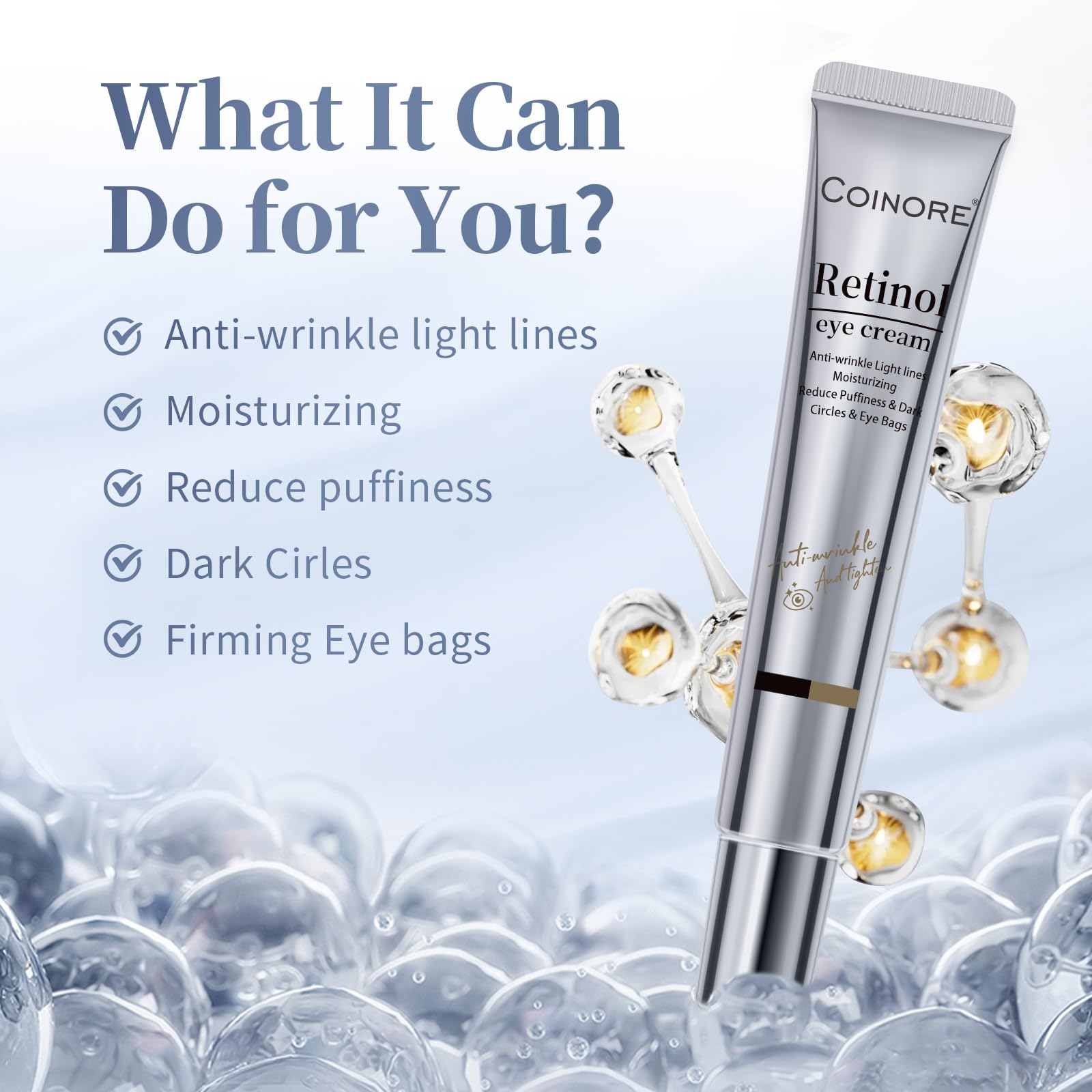 Coinore Retinol Under Eye Cream application close-up showing precise dab for dark circles.