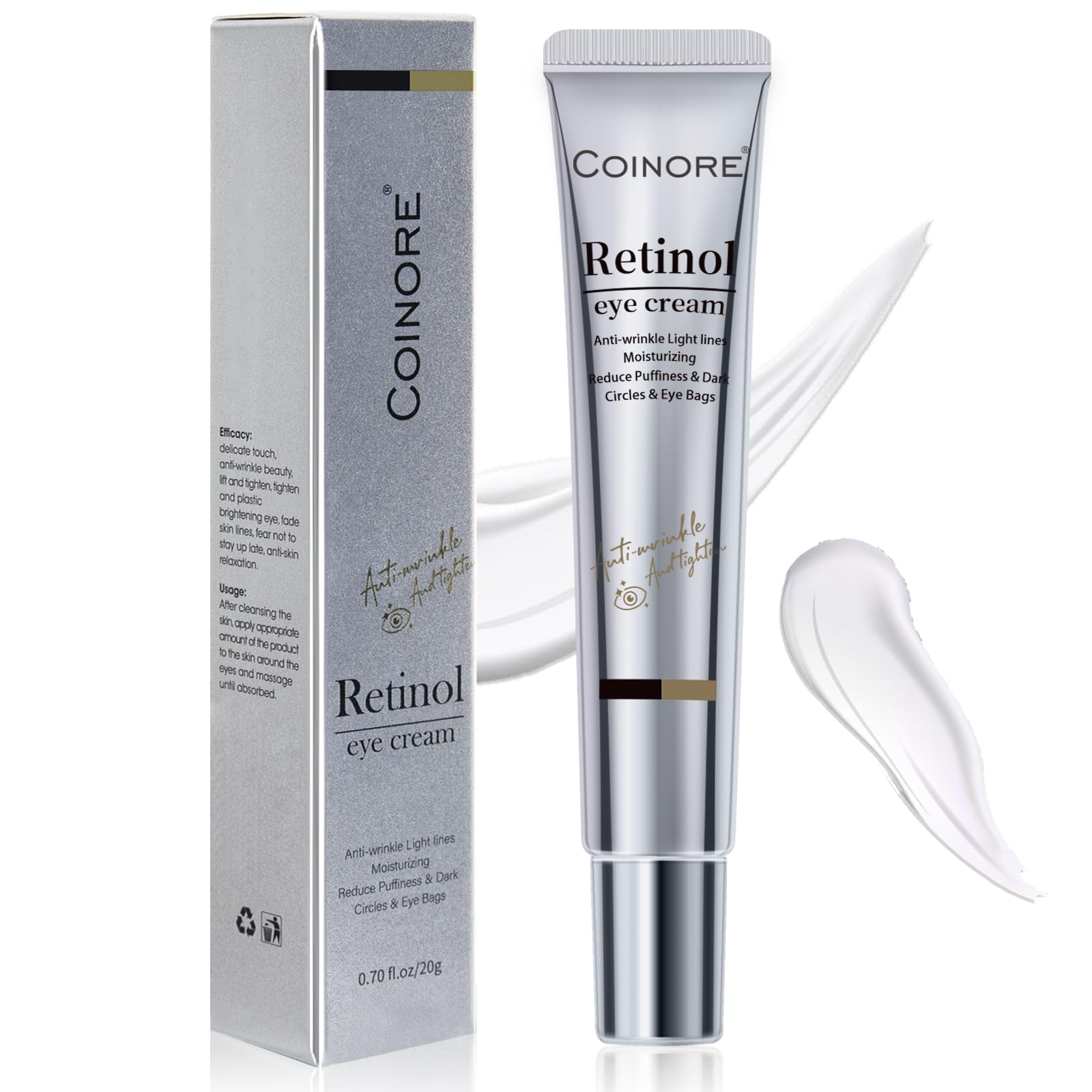 Coinore Retinol Under Eye Cream tube close-up for targeted eye-area care.