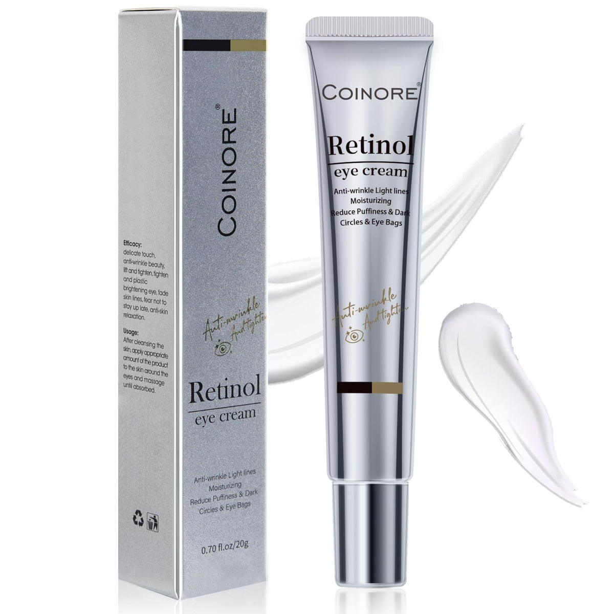 Coinore Retinol Under Eye Cream tube close-up for targeted eye-area care.