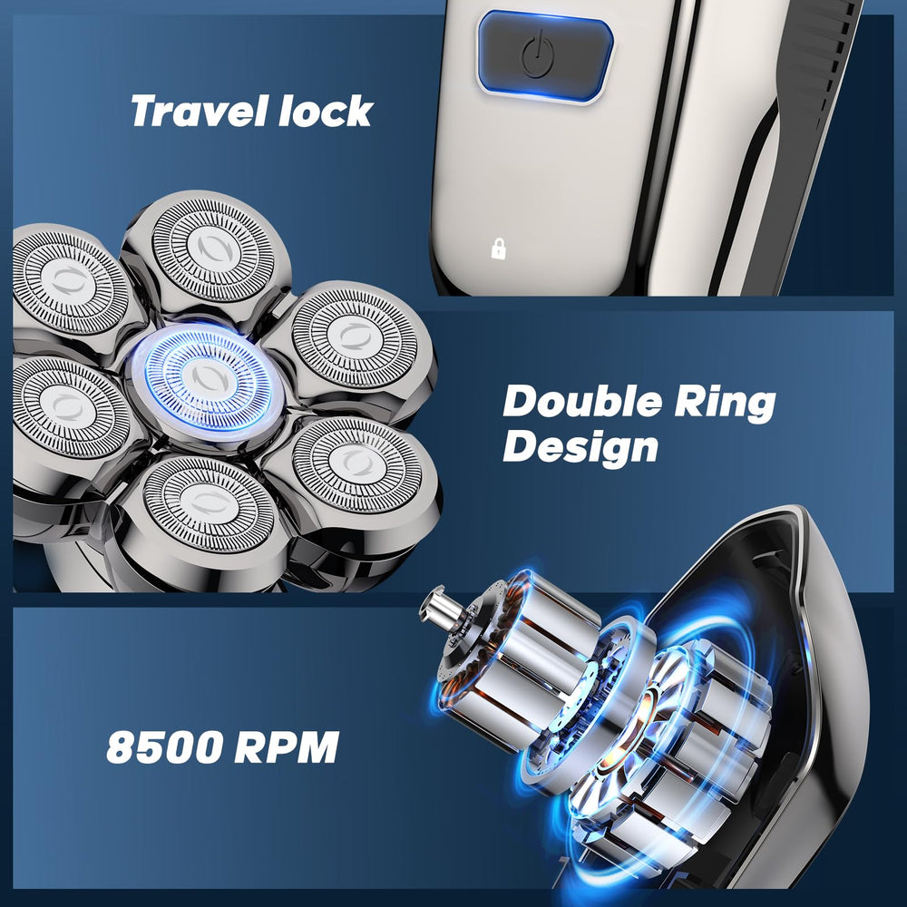 Coklean head shaver LED display image shows battery level for planning charges.