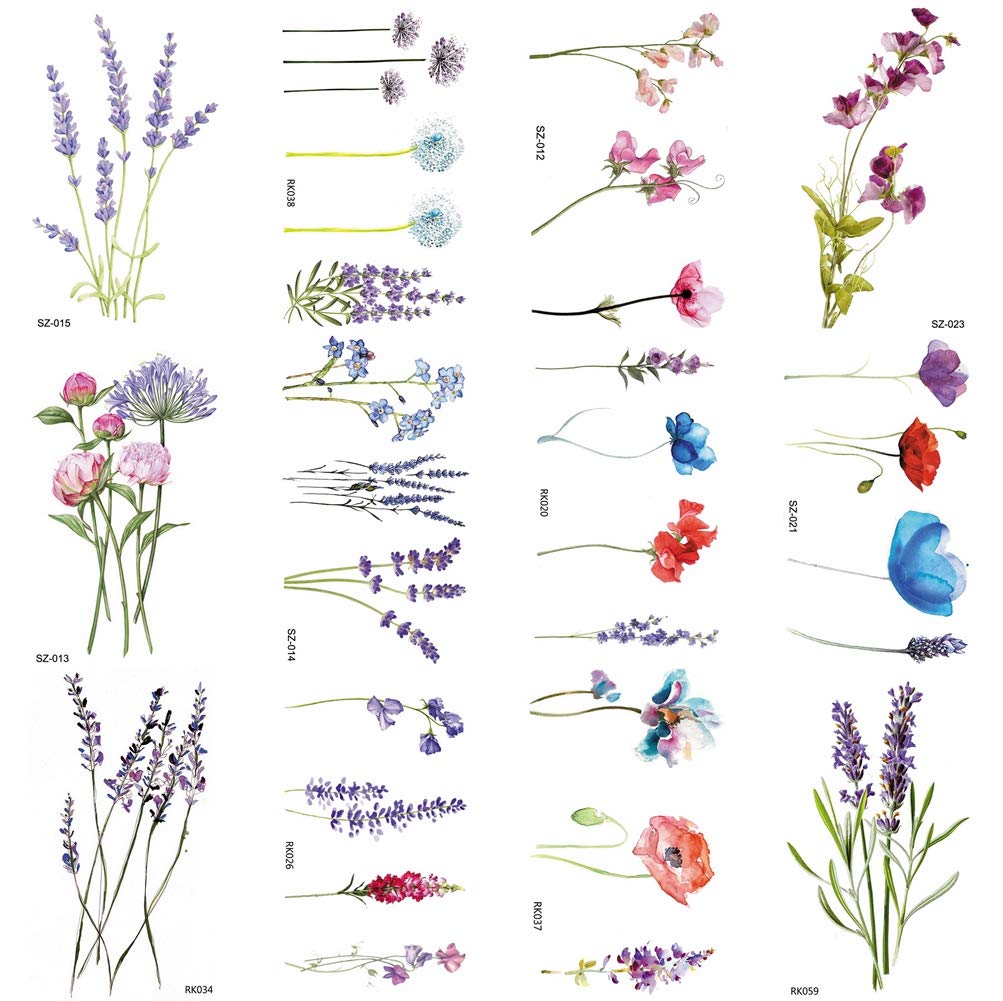 COKTAK 12-piece lavender tattoo sheet with watercolor floral designs for skin wear.