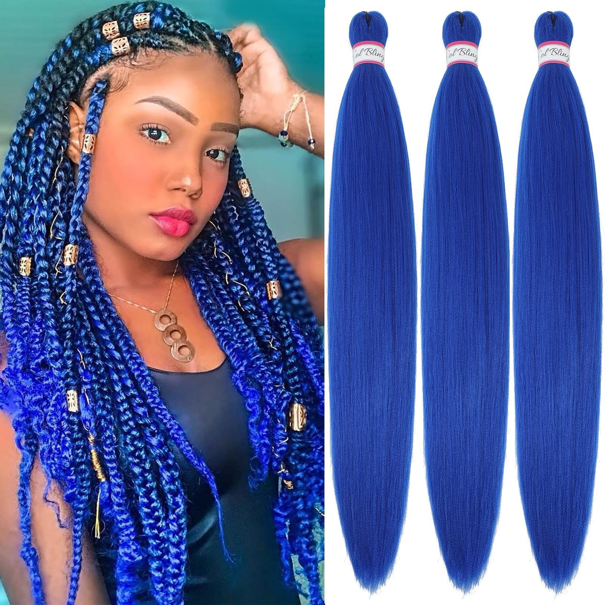 Col Bling blue braiding hair packaging shows ready-to-use three-pack for quick installs