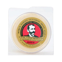 Col. Conk shave soap individual cake closeup shows creamy texture for a smooth lather