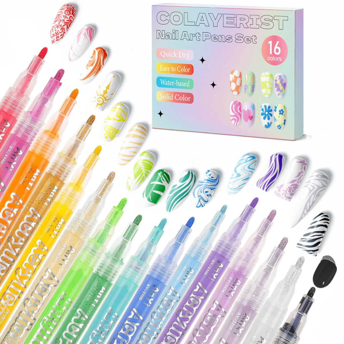 COLAYERIST Nail Art Pens 16-color swatches showcase vibrant shades for nail design ideas
