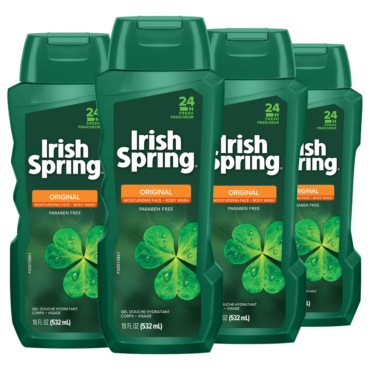 Colgate Irish Spring Original bottle front highlights crisp scent for daily refreshing cleanse.