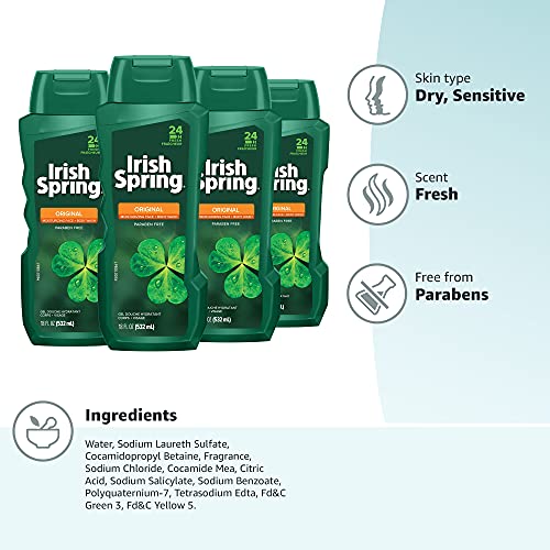 Colgate Irish Spring Original pack-4-bottles highlights convenient daily shower routine.