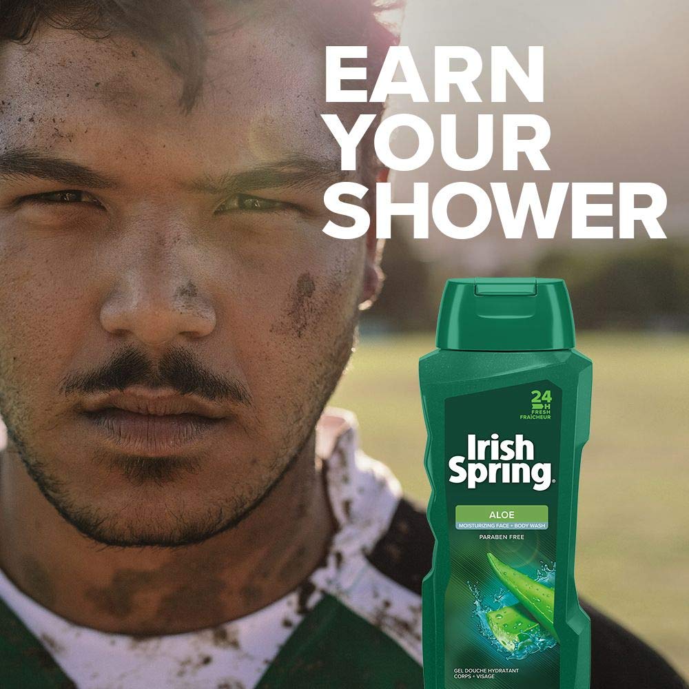 Colgate Irish Spring Original pour shot emphasizes rich lather for complete skin cleansing.