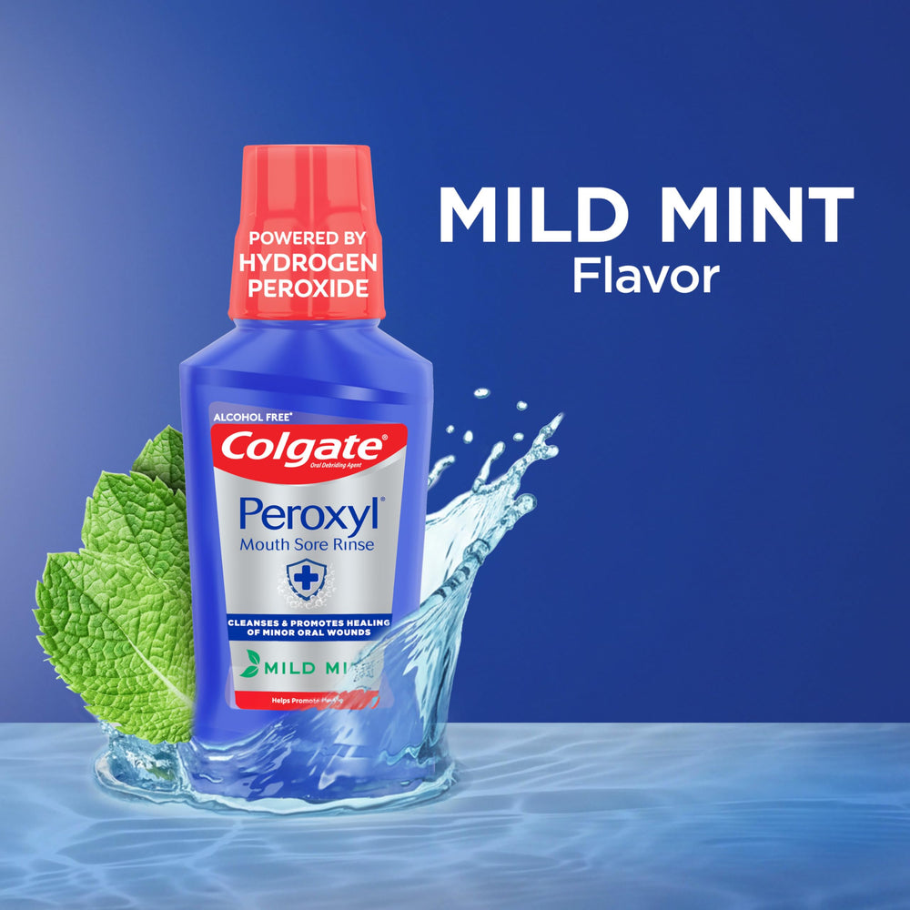 Colgate Peroxyl on bathroom counter conveying everyday oral care convenience