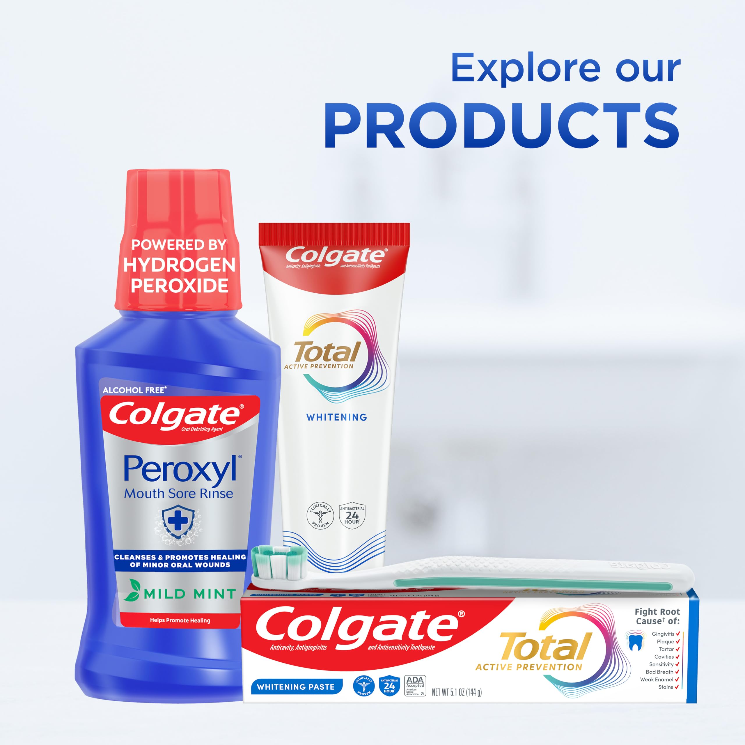 Colgate Peroxyl bottle with outer packaging to display retail presentation
