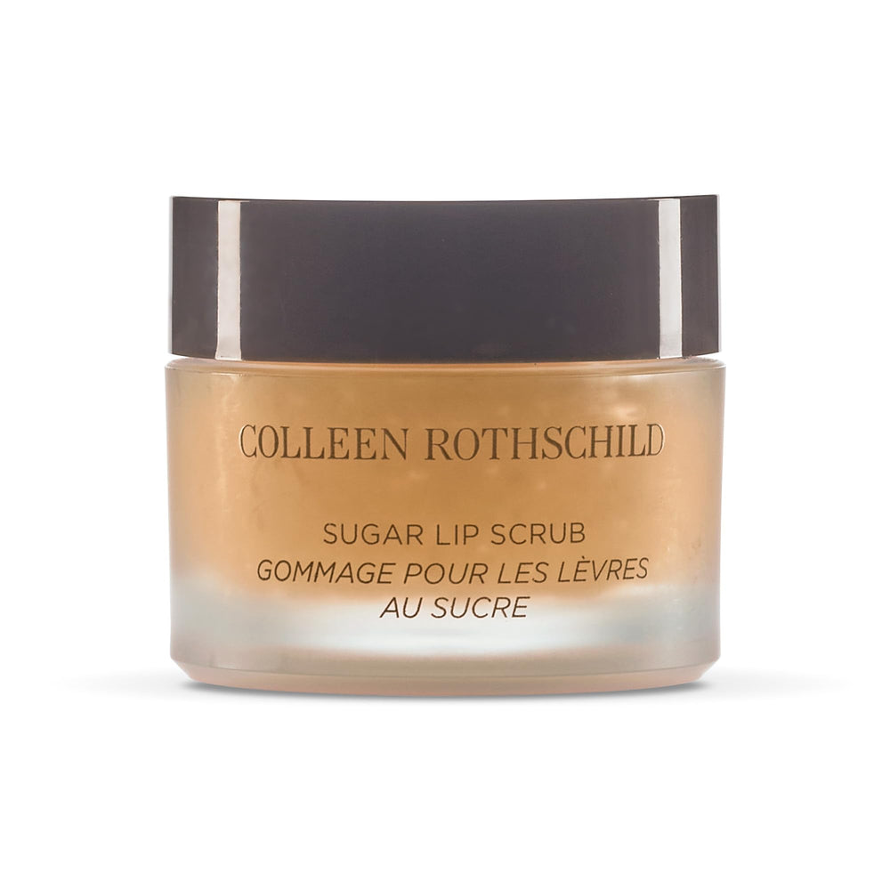 Colleen Rothschild Sugar Lip Scrub jar close-up shows brown sugar exfoliation for smoother lips.