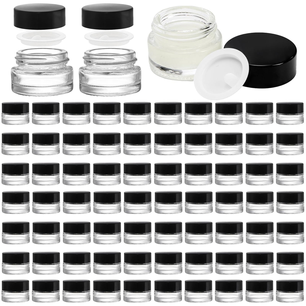 Coloch 90-pack 5ml glass jars with airtight lids for bulk cosmetics storage.