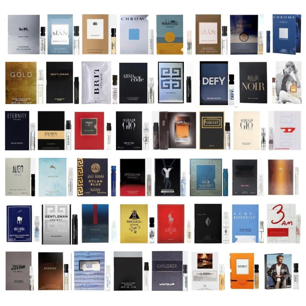 Cologne 11 designer samples vials for men display, travel-friendly scent testing setup.