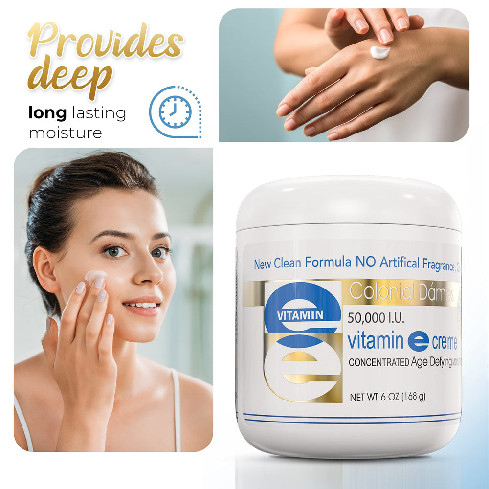 Colonial Dames Vitamin E cream on the face suggests daily hydration routine.