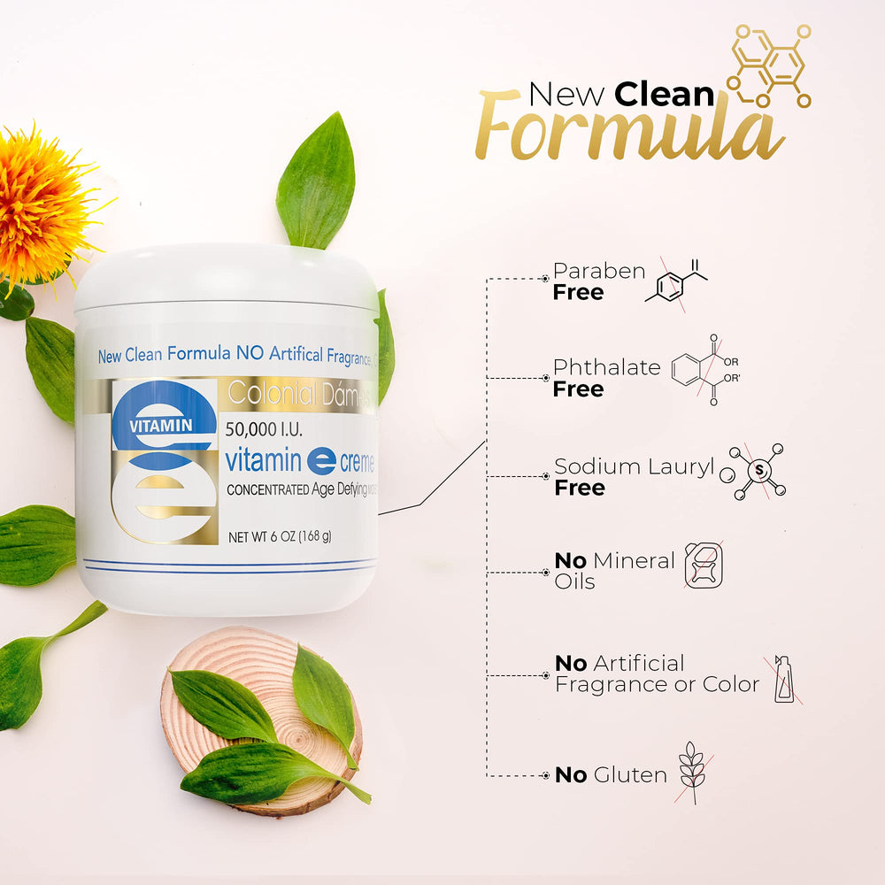 Colonial Dames Vitamin E cream jar demonstrates versatile deep moisturization for touch-ups.
