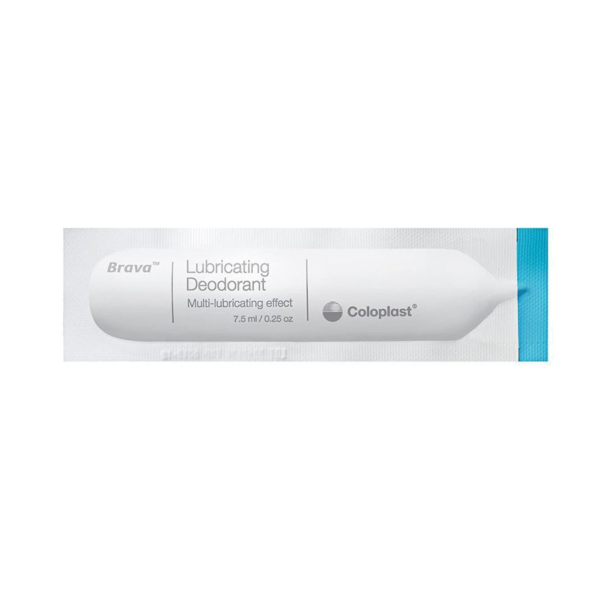 Coloplast Brava Lubricating Deodorant box with 20 sachets on display for Ostomy care routine.